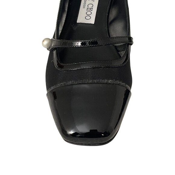 Jimmy Choo Sz 37.5 7.5 Elisa Black Mesh Pearl Mary Jane Flat Shoes NEW - Picture 4 of 10